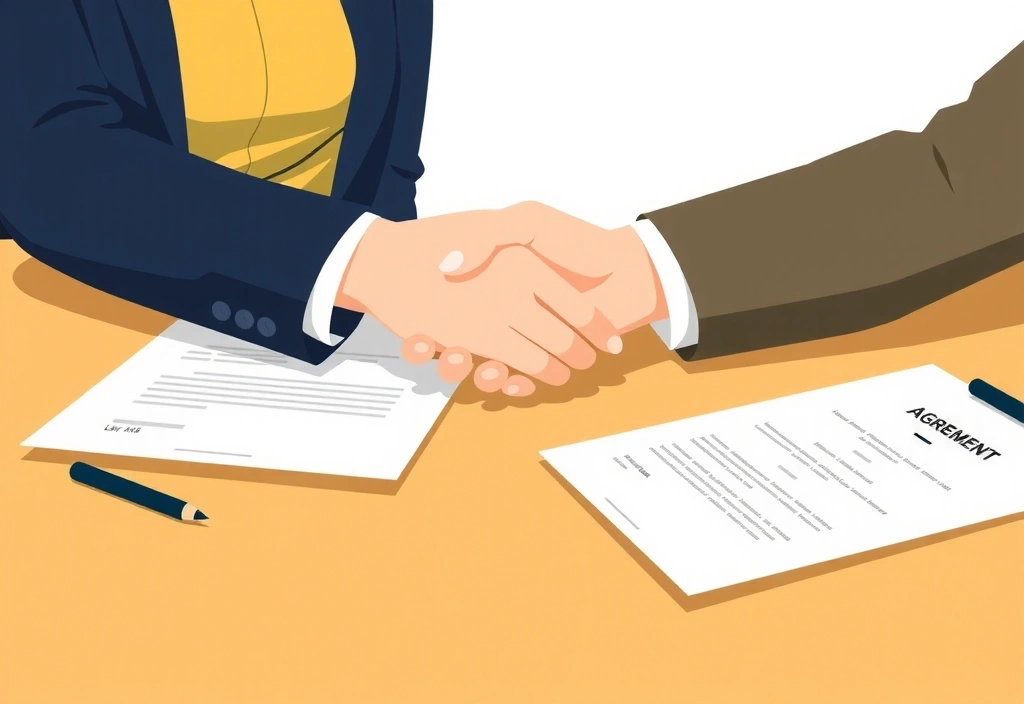 Legal document and handshake representing agreement